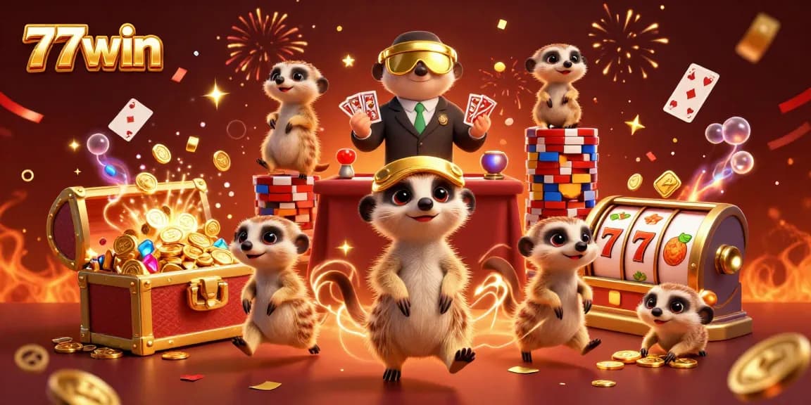Experience thrilling gaming at 77win with meerkats running a vibrant casino, emphasizing fun!