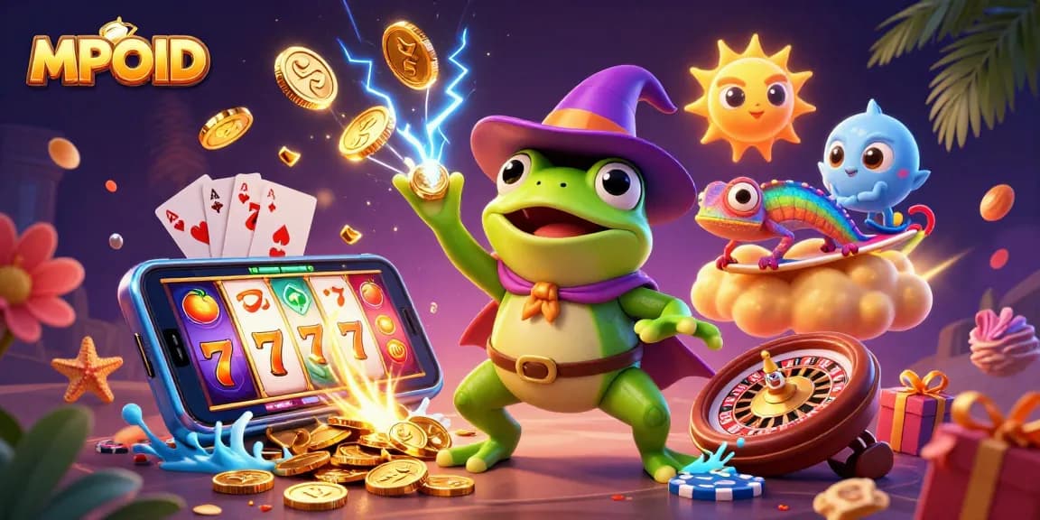 MPOID sparks excitement with a dynamic 3D casino illustration featuring a weather wizard frog and chameleon amidst golden coins.