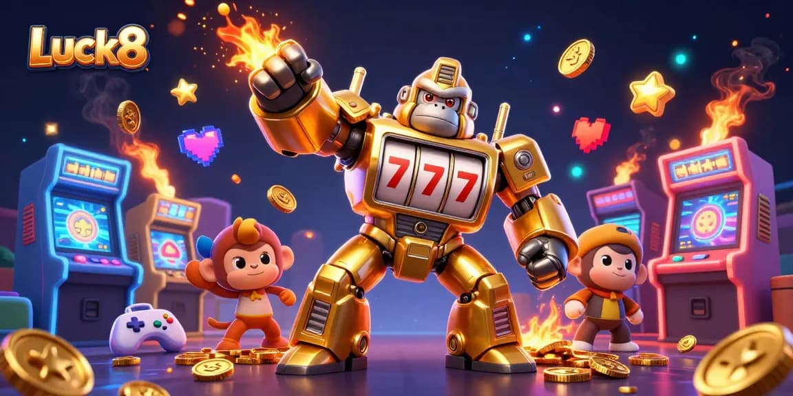 Luck8 showcases a vibrant 3D illustration with a golden gorilla mech amidst dynamic gaming elements.