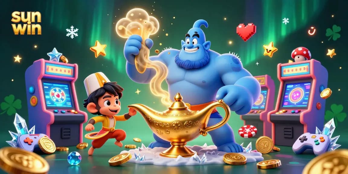 Join the adventure at sun win with a colorful 3D casino scene featuring a magical genie and poker chips.