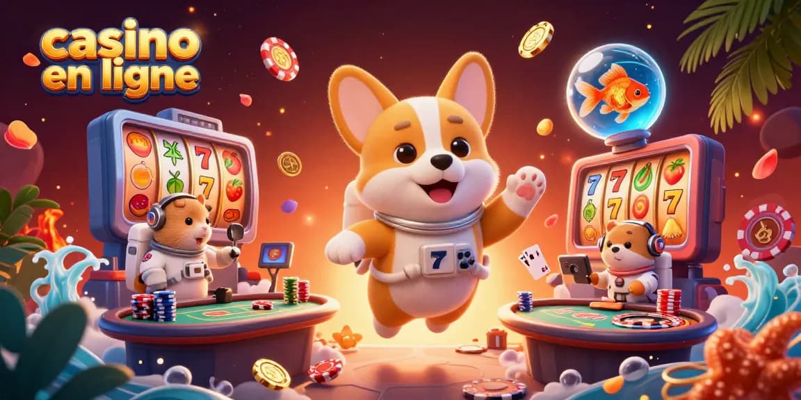 Profitez du casino en ligne avec un corgi astronaute flottant entouré de jetons et cartes de jeux.