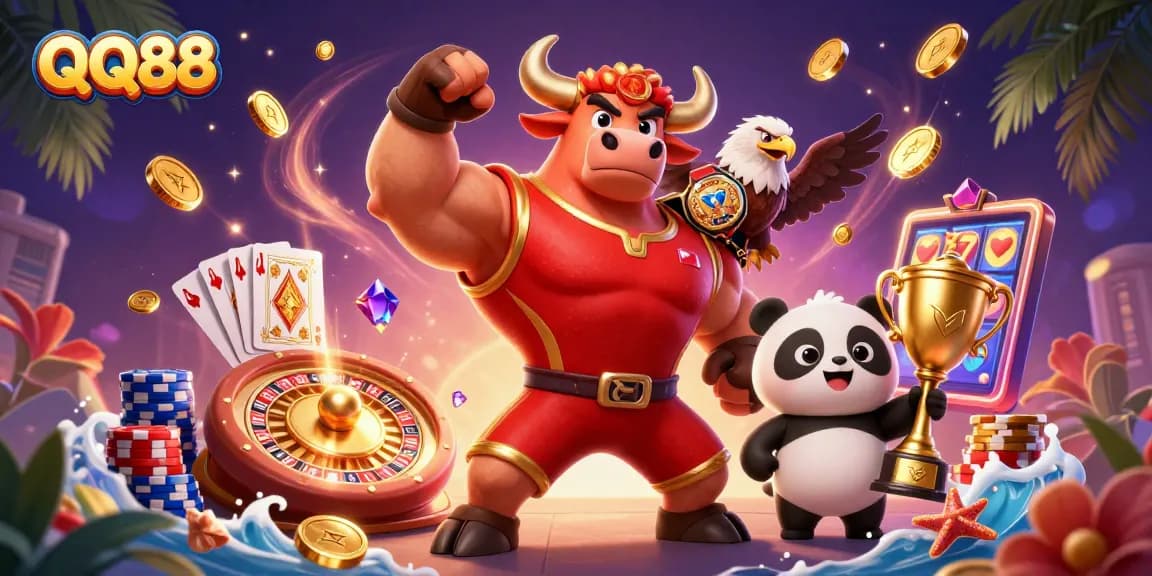Experience QQ88's thrilling gaming scene with a victorious bull, eagle, and trophy panda amidst rich casino elements.