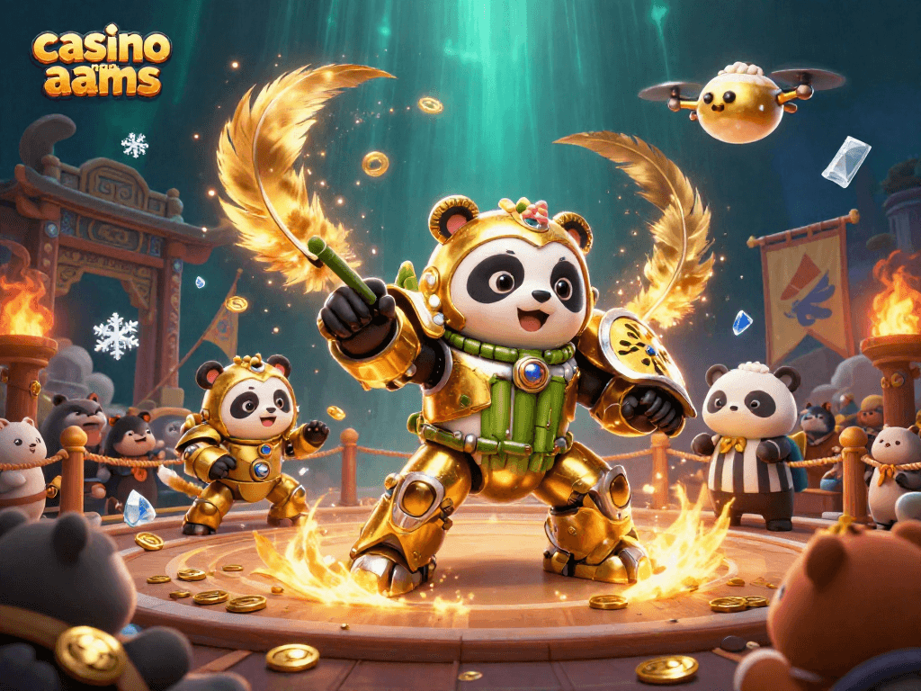 Illustrazione 3D che rappresenta un panda dorato in mech suit in un'arena di scommesse, gioco casino non aams.