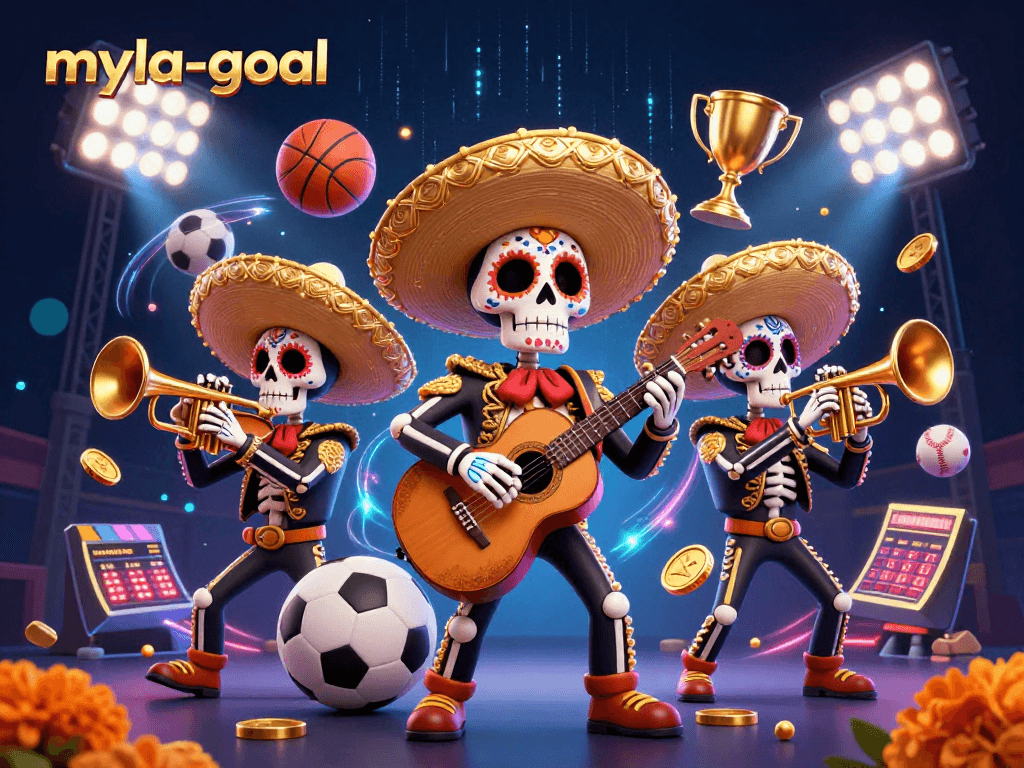 Engage with myla-goal's vibrant representation of a Day of the Dead mariachi band amidst dynamic sports elements.