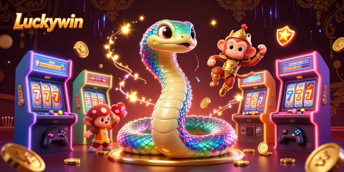 Experience the vibrant gaming world of Luckywin with a colorful scene of casino elements blended with arcade excitement.