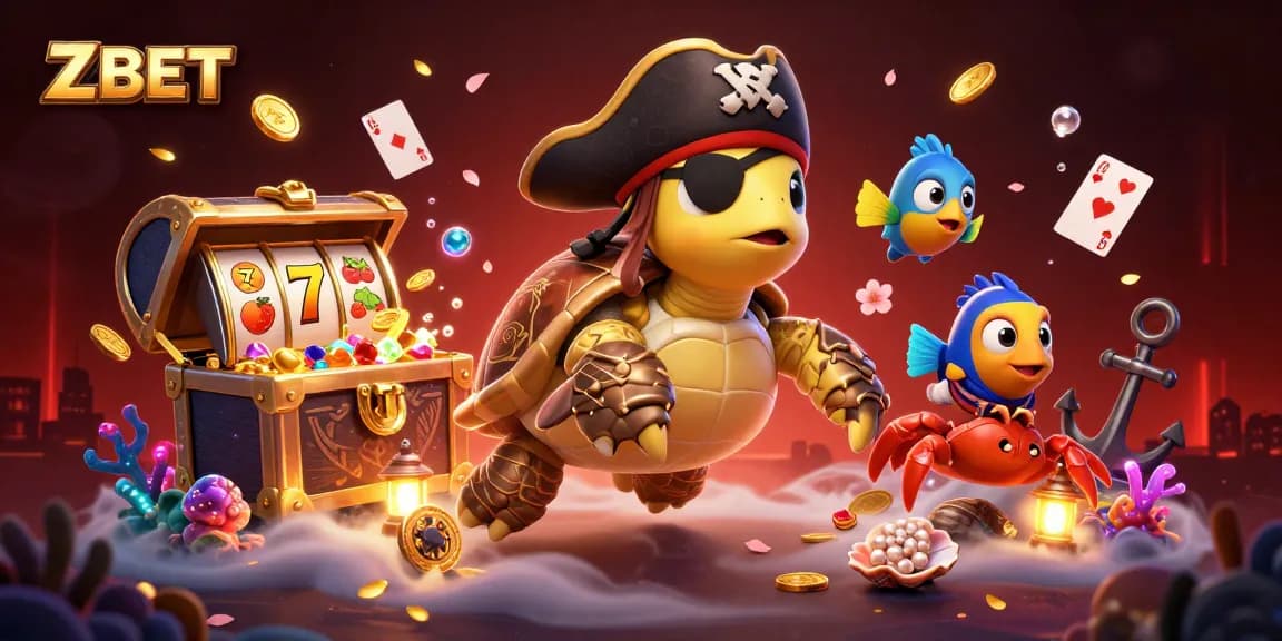 Experience thrilling ZBET action with a pirate turtle, treasure, and glowing gems.