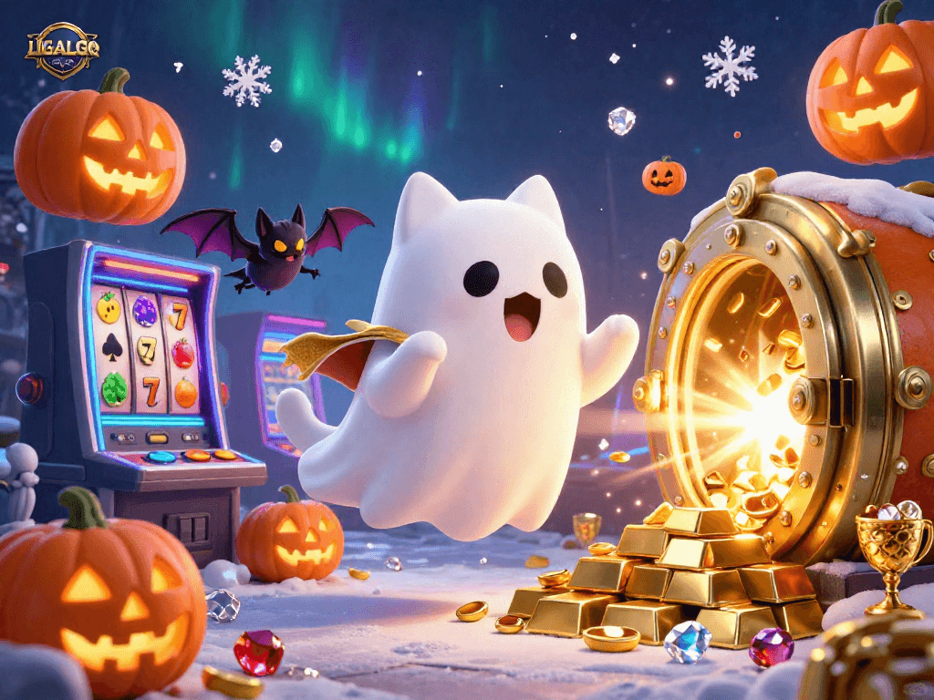 LIGALGO showcases an engaging online casino scene with a playful ghost cat and gold treasure, inviting players to explore.