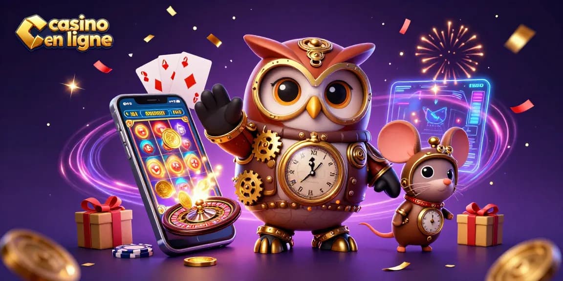 Gagnez avec le casino en ligne grâce à une scène dynamique innovante d'un hibou voyageur dans un casino futuriste.