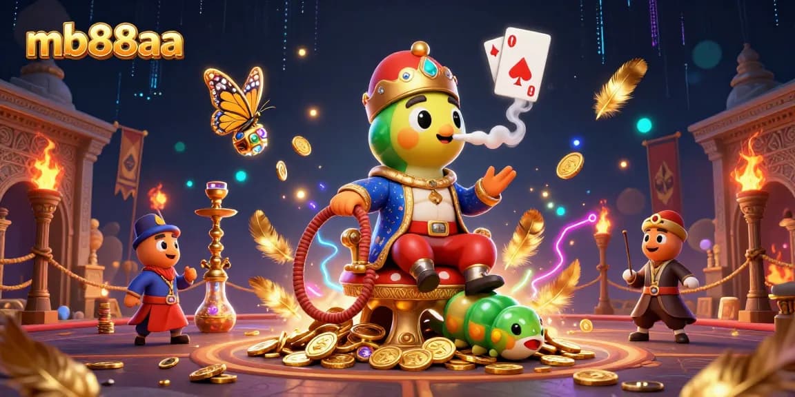 Experience thrilling gameplay at mb88aa, as vibrant casino elements burst around a magical caterpillar master.