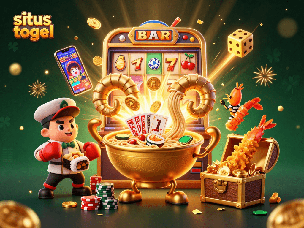 Experience thrilling situs togel action with golden characters and a vibrant casino scene full of excitement.