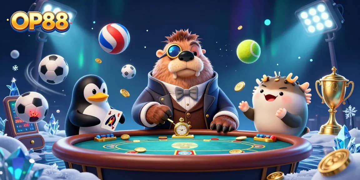 Experience thrilling poker action at OP88 with a jolly walrus, penguin dealer, and pufferfish player.