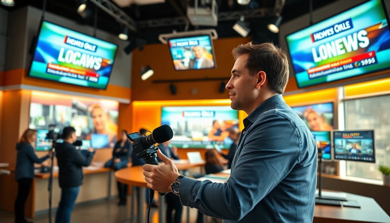 Cover local news actively at https://sciotovalleyguardian.com/ with a journalist in a lively newsroom.