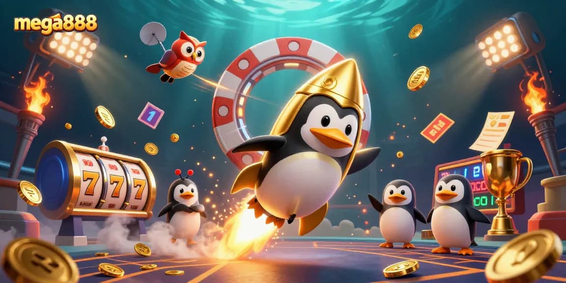 Experience mega888 thrills with a golden penguin blasting through space towards a casino, surrounded by vibrant gaming elements.