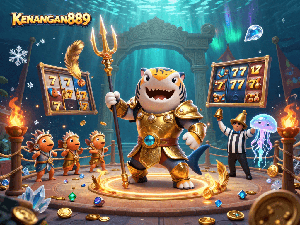 Experience the thrills of KENANGAN889 with dynamic slot graphics and an underwater gladiator scene.