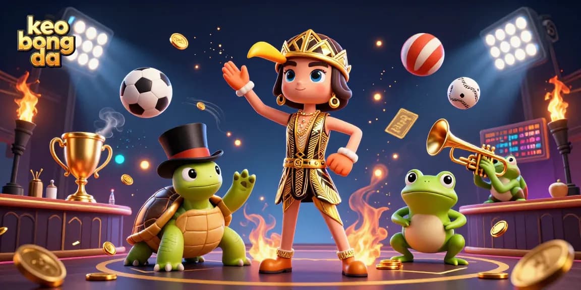 Watch keo bong da come alive in this vibrant casino scene featuring sports balls and classic characters.
