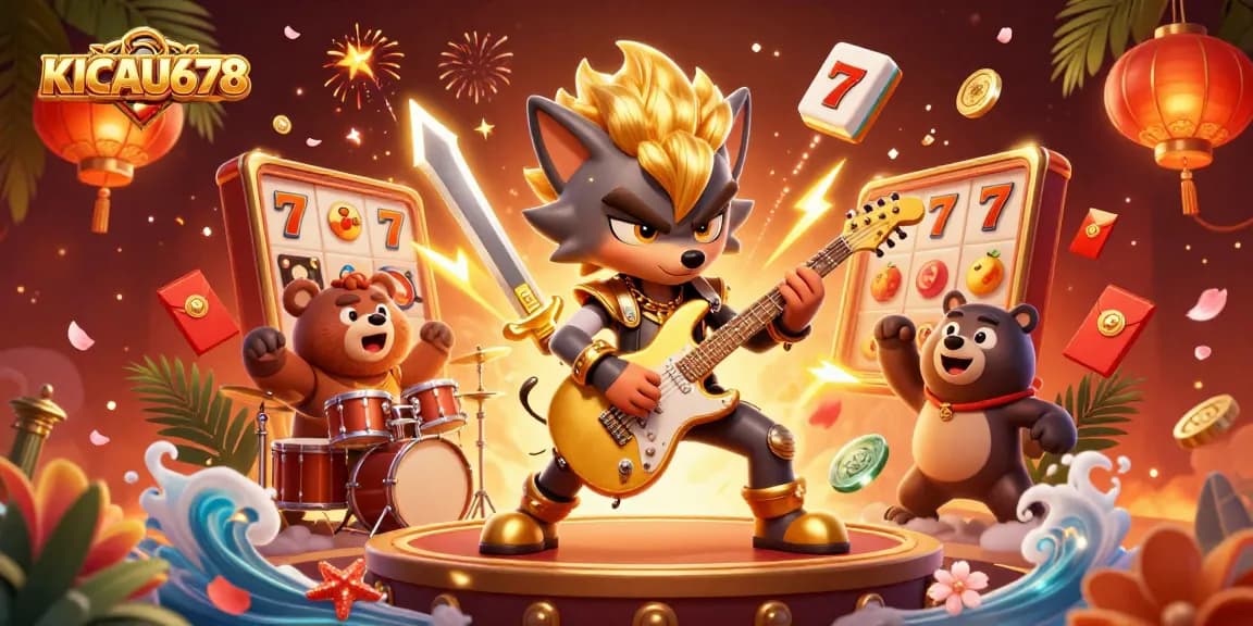 Experience excitement with KICAU678 as a rock star wolf and bear drummer perform on stage surrounded by vibrant casino elements.
