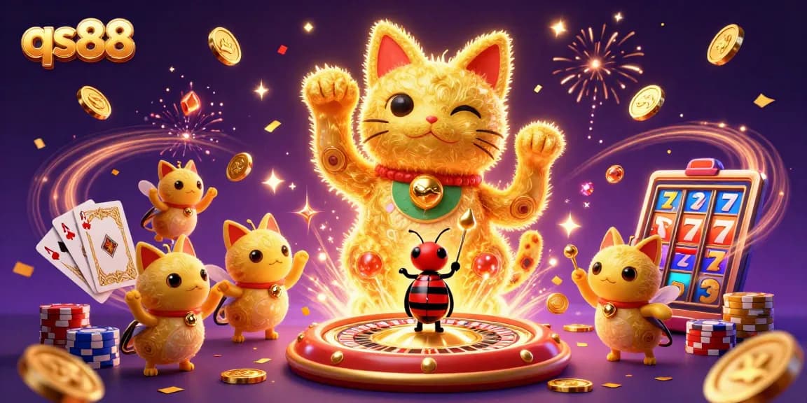 Experience thrilling wins at qs88 with golden lucky cats and vibrant casino elements.