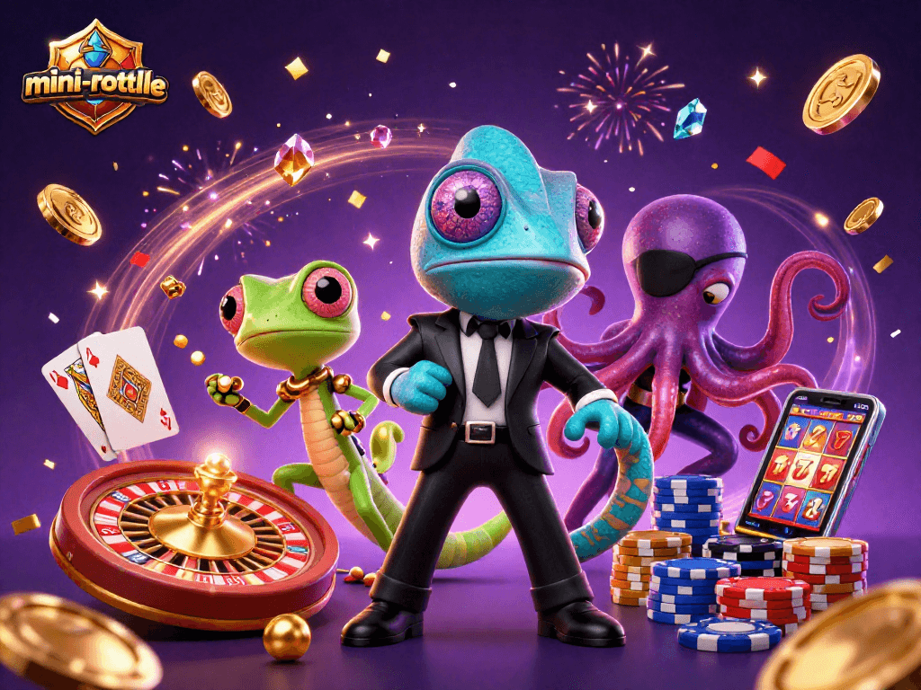 Cascading golden coins surround the mini-roulette as chameleon agents strategize a winning spin.