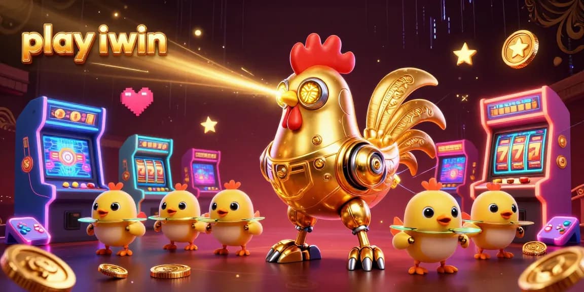 Play iwin with this vibrant 3D illustrated scene featuring a golden rooster robot amidst dynamic casino elements.