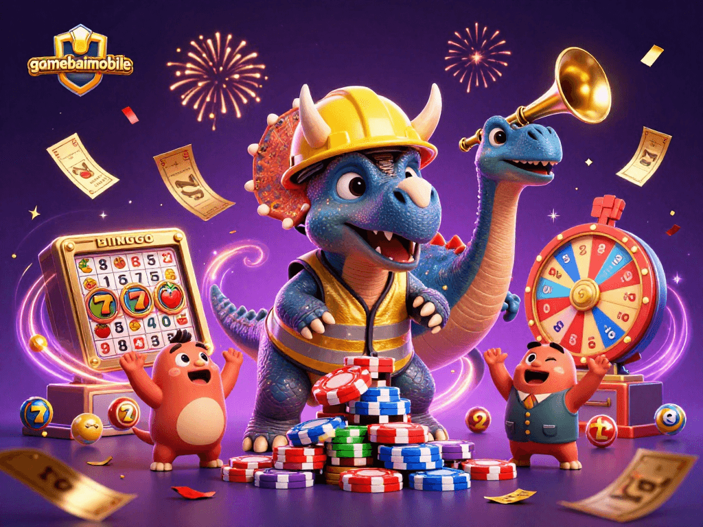 Experience the excitement of gamebaimobile with vibrant characters building poker chip pyramids in a festive casino scene.