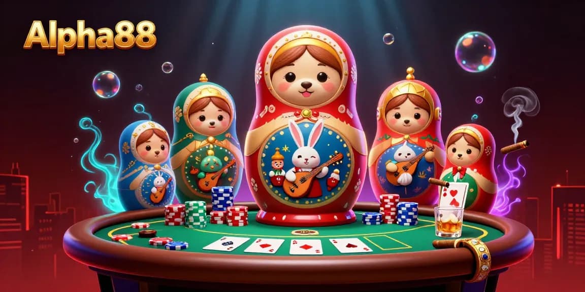 Engage with Alpha88's immersive casino scene featuring animated bears, poker elements, and vibrant decorations.