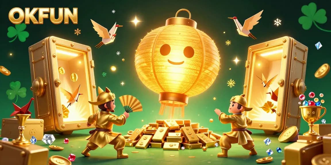 Engage with OKFUN in this dynamic casino scene filled with golden treasures, lantern spirits, and winning opportunities.
