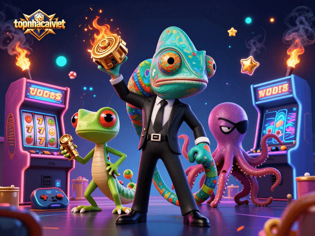 Experience thrilling gameplay at topnhacaiviet with a vibrant 3D casino scene featuring iconic characters and gaming elements.