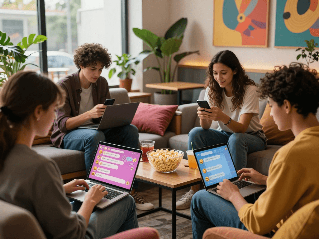 Engaging scene of young adults enjoying nsfw chat on multiple devices in a vibrant lounge setting.