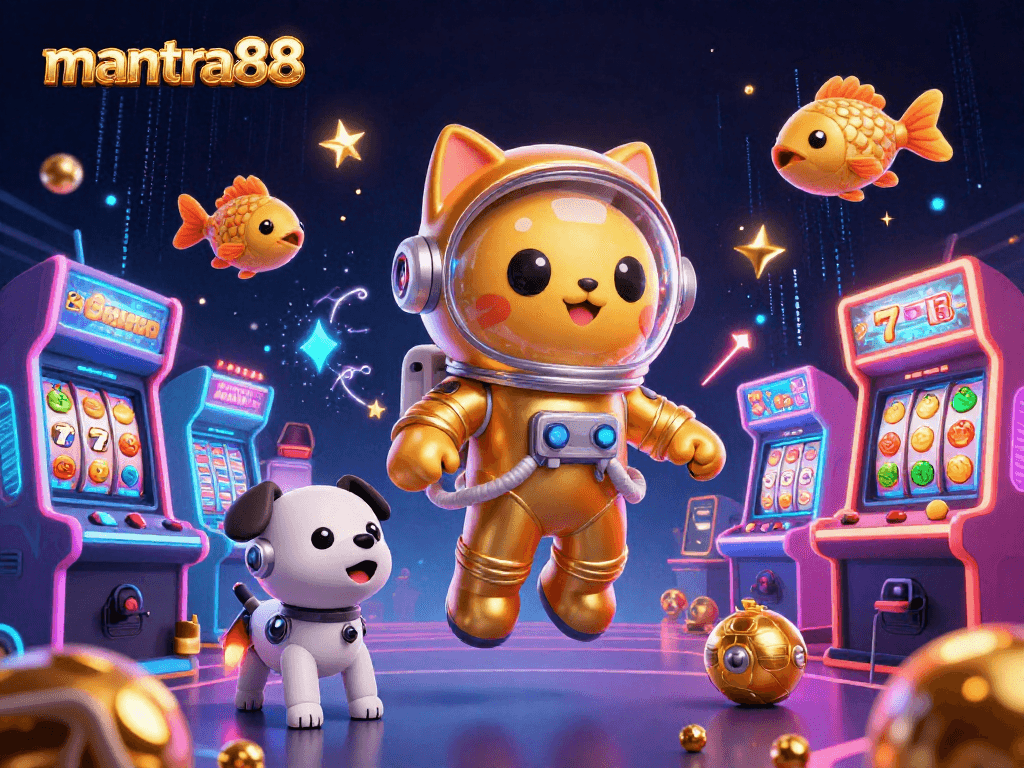 Engage with mantra88's vibrant slot experience, featuring colorful reels and gaming characters.