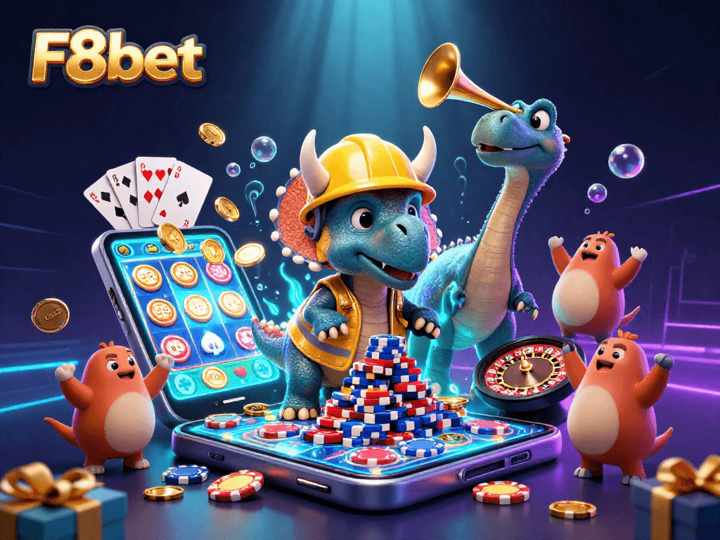 Enhance your gaming with F8bet casino features, showcasing a dynamic 3D scene with characters and gaming elements.