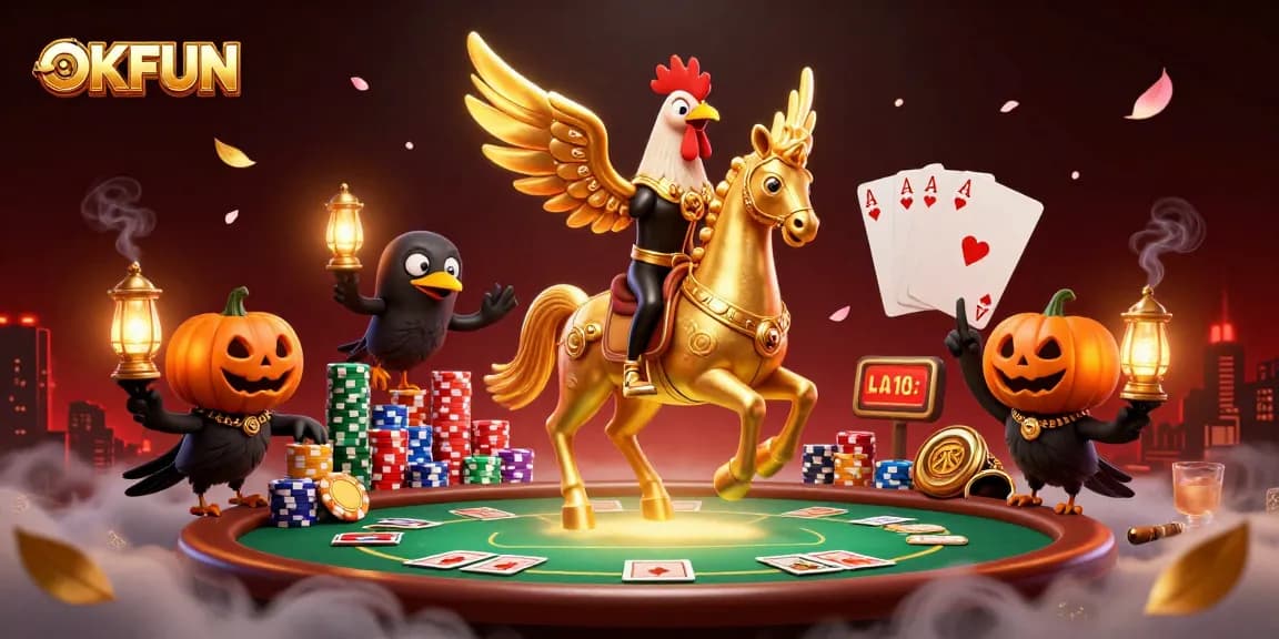 Experience thrilling moments at OKFUN with a golden rooster riding a spectral horse in a vibrant casino.