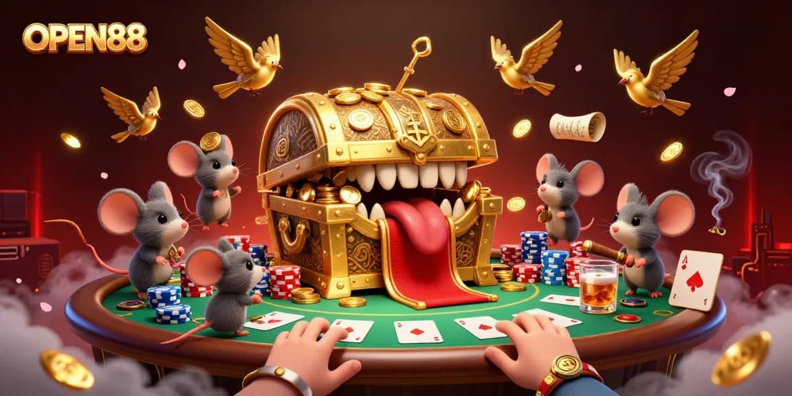 Engage with OPEN88's thrilling atmosphere, showcasing 3D treasures and vibrant poker elements.