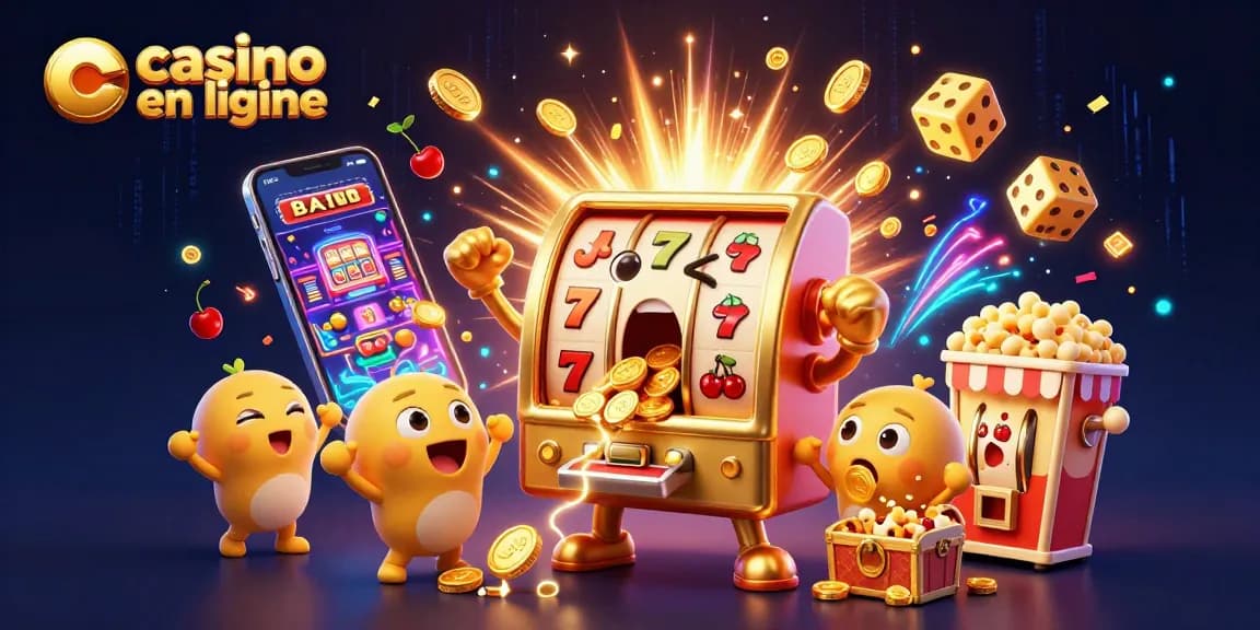 Casino en ligne : machine à sous en fête, pièces d'or jaillissant, ambiance festive.