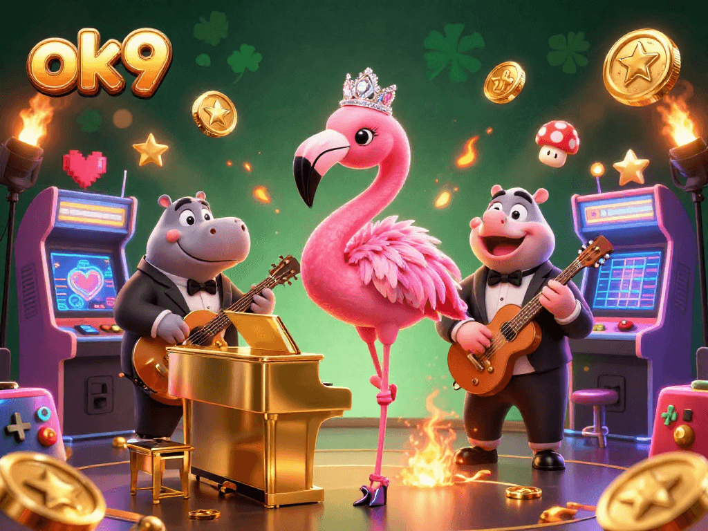 Experience exhilarating gaming action at ok9 with a vibrant 3D casino scene featuring lively characters and dynamic elements.