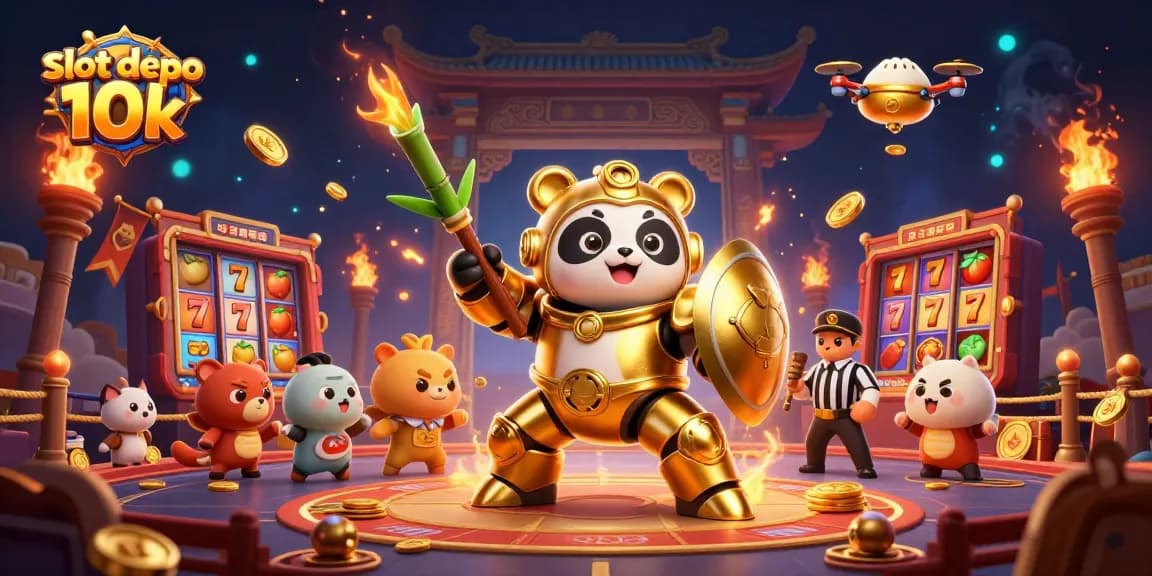 Enjoy slot depo 10k with a 3D golden panda in a vibrant casino illustration.