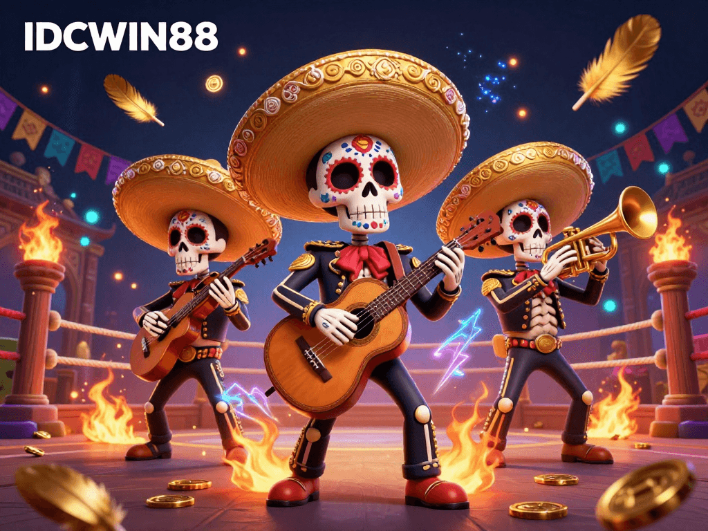 Experience thrilling gameplay with IDCWIN88 as lively skeleton mariachi musicians energize the casino atmosphere.