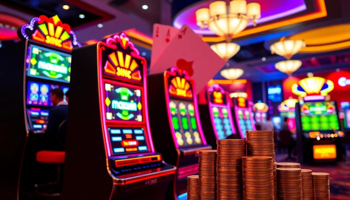 Menangkan slot maxwin dengan mesin slot mewah dan latar belakang kasino yang bergairah.