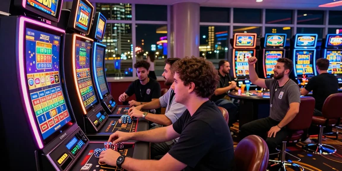 Engaged player at a vibrant slot zeus machine in a modern casino