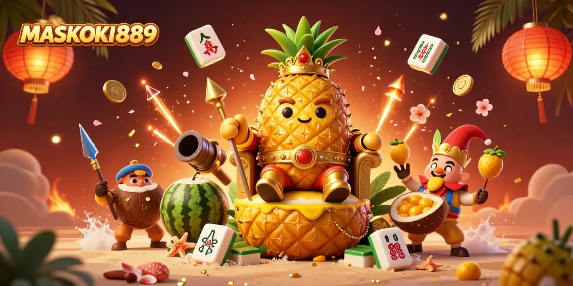 Engage with MASKOKI889's vibrant gaming world, featuring a pineapple king in an energetic casino setting.