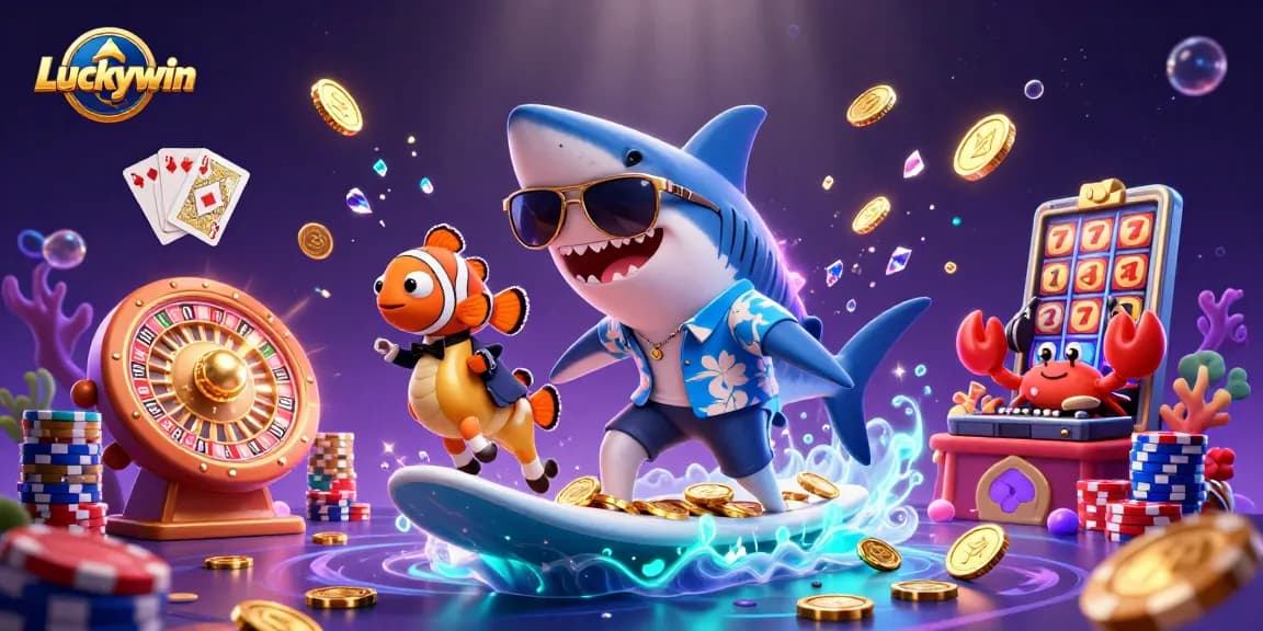 Engage in thrilling games at Luckywin with energetic characters surfing on gold coins.