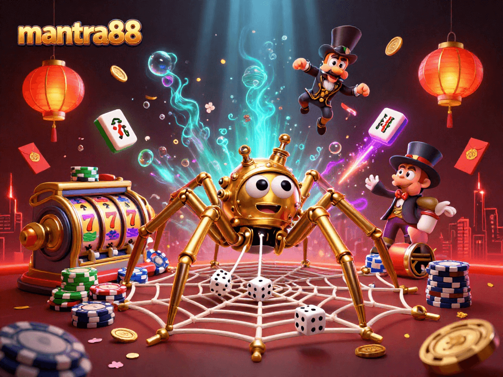 Experience winning at mantra88 with a vibrant 3D casino scene featuring steampunk elements and colorful game symbols.
