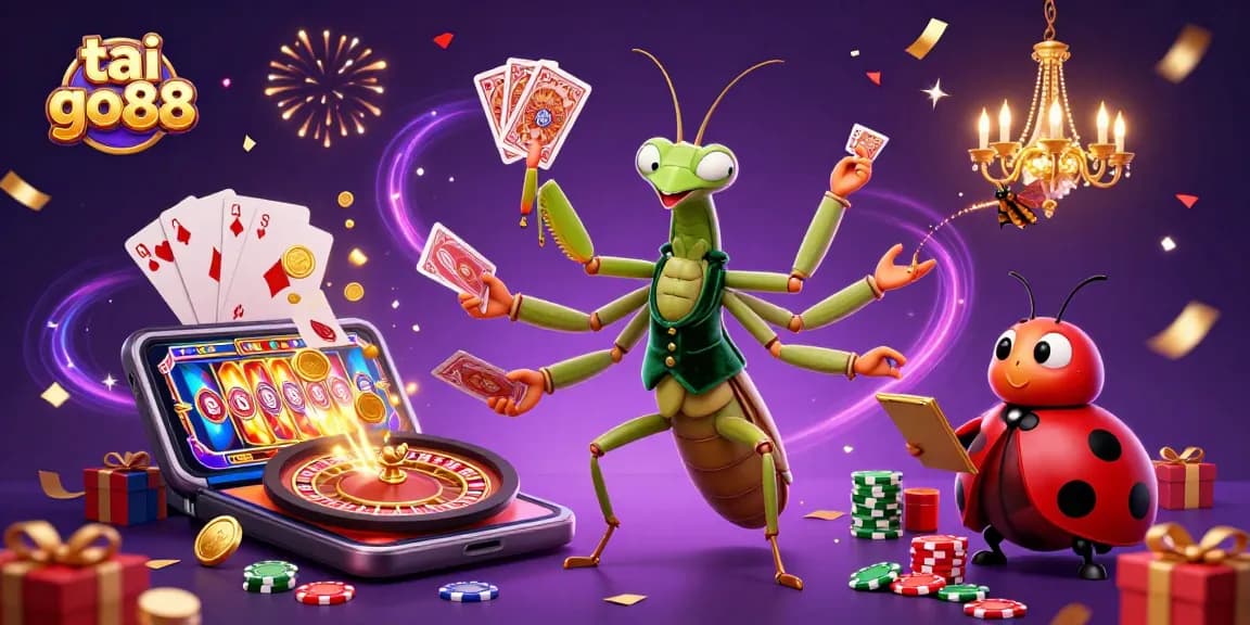 Engage in thrilling gameplay with tai go88 as a praying mantis card sharp leads the fun amid golden coins and dynamic game elements.