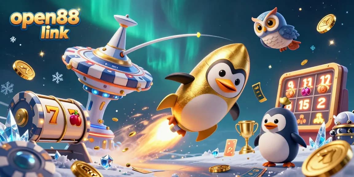 Experience the thrilling open88 link with a golden penguin racing through space, symbolizing online casino excitement.