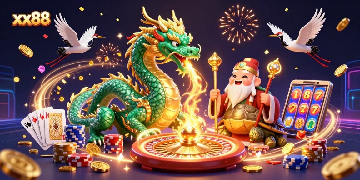 Experience the excitement of xx88 with a jade dragon, turtle sage, and lucky cranes in vibrant casino action.