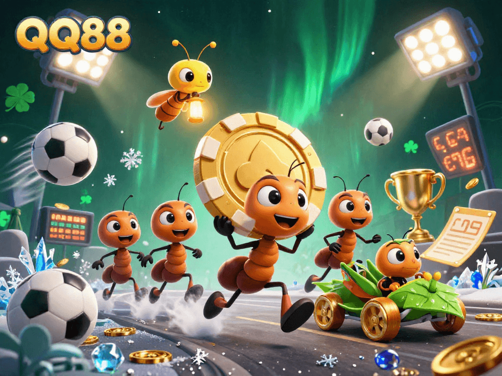Experience the excitement of QQ88 with a heist scene featuring ants and golden poker chip.