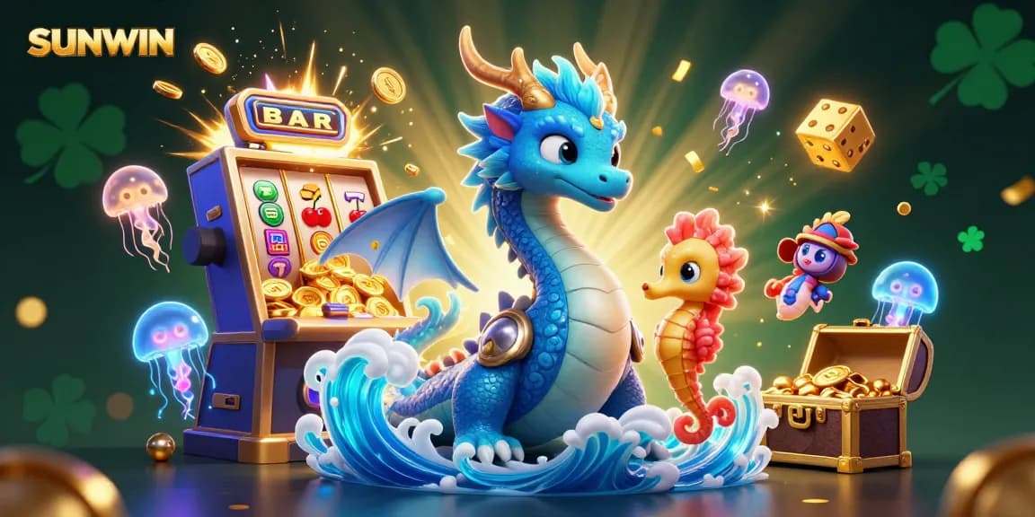 SUNWIN showcases an exhilarating casino scene with colorful characters, slot machine jackpot, and glowing elements.