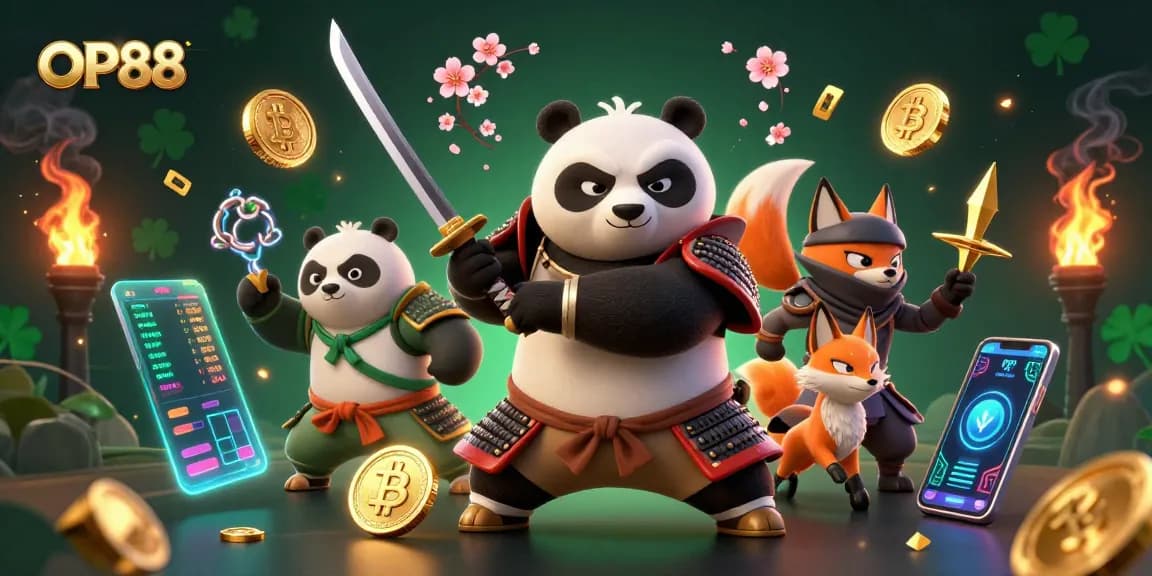 Engage with OP88's thrilling gaming experience through a vibrant 3D illustration of a samurai panda in a dynamic casino setting.