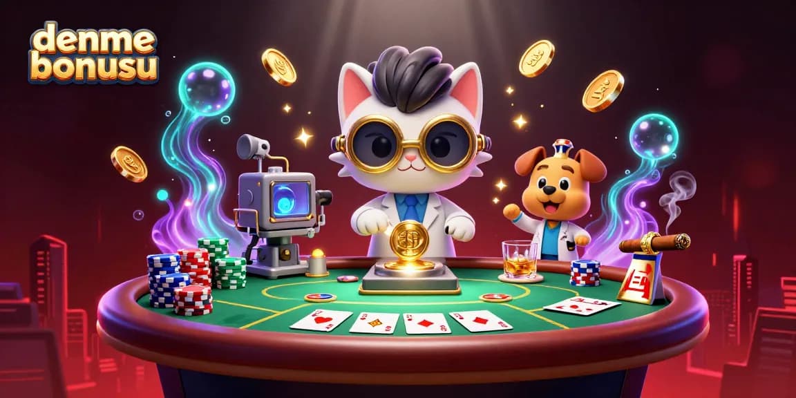 Dive into deneme bonusu excitement with our vibrant 3D casino scene featuring a mad scientist cat and poker elements.