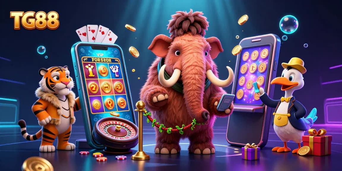 Experience the excitement of TG88 with vibrant slot games and animated characters at a bustling casino entrance.