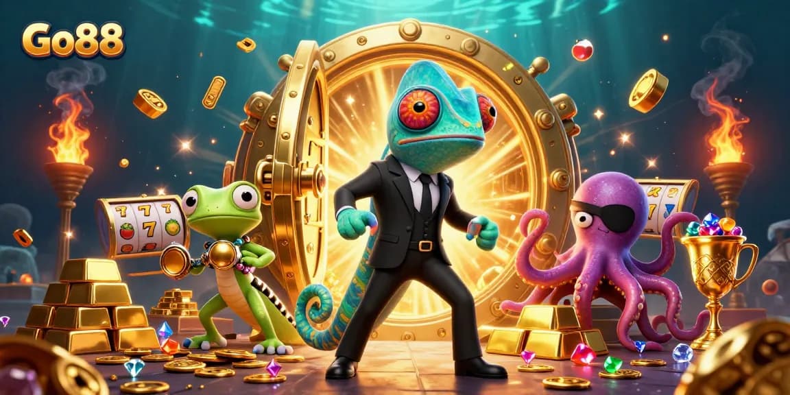 Experience thrilling moments at Go88 casino with vibrant 3D illustration of a chameleon-themed adventure.